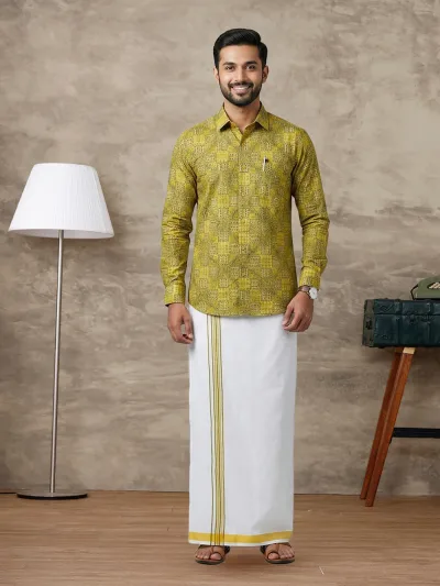 Men Lemon Yellow Matching Border Dhoti With Printed Shirt Set Fusion PS29